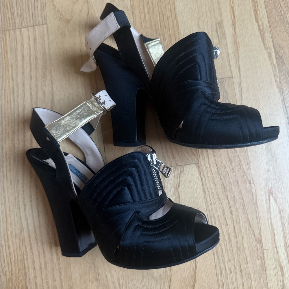 Prada Black and Gold Heels with Chunky Block Design